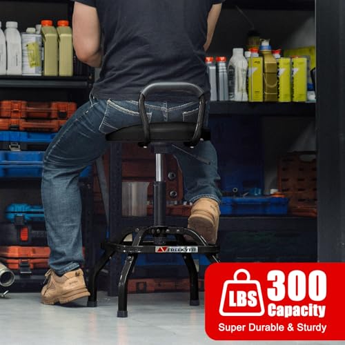 FreekyFit Garage Stool, Adjustable Height Swivel Work Mechanic Shop Stool with Backrest, Pneumatic Shop Chair for Home, Workshop, 300 LBS Capacity, 360° Rotation, Heavy Duty, Black