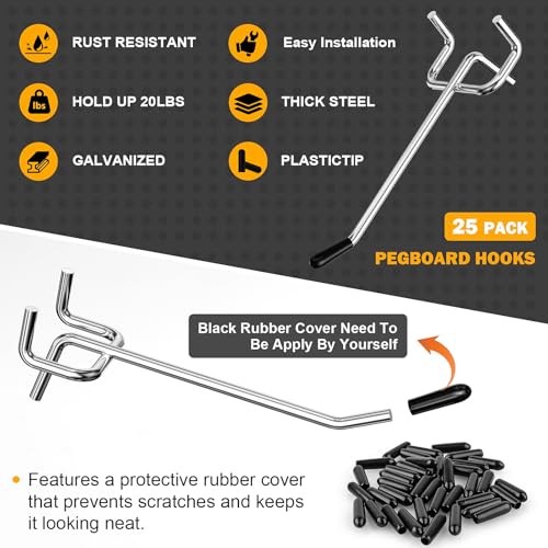 WIESVOP Pegboard Hooks, 25 Pack 4 inch Peg Board Organizer Accessories for Hanging Fit 1/8" Metal Peg Board Hooks for Garage, Workshop, Office, Craft Storage, Kitchen