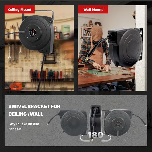 Txecpro Retractable Air Hose Reel, 1/4 IN x 45 FT Hybrid Air Hose Max 300 PSI, Air compressor hose reel with 5 ft Lead in, Ceiling/Wall Mounted air hose reel,Heavy Duty air tool
