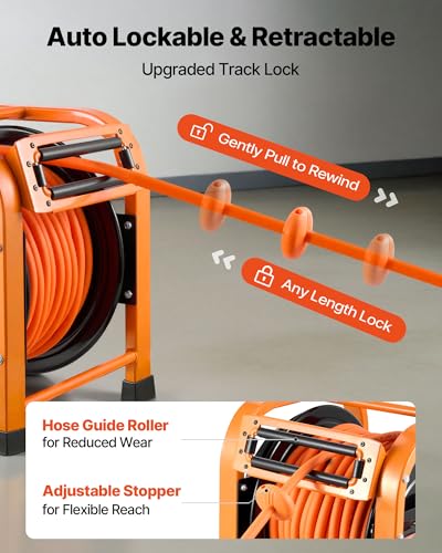 VEVOR Retractable Air Hose Reel, 3/8 Inch x 100 FT Hybrid Air Hose Max 300PSI, Auto Rewind Air-Compressor Hoses Reel with 5ft Lead in, Portable Freestanding Heavy Duty Steel Reel for Garages Workshops