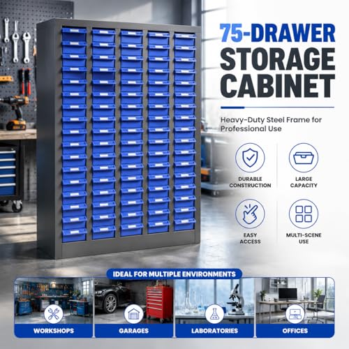 Small Parts Storage Cabinet, 75 Drawer Steel Bolt Nut Hardware Organizer with Dividers & Labels, Heavy Duty Garage Tool Storage Rack for Workshop Screw Fastener Organization