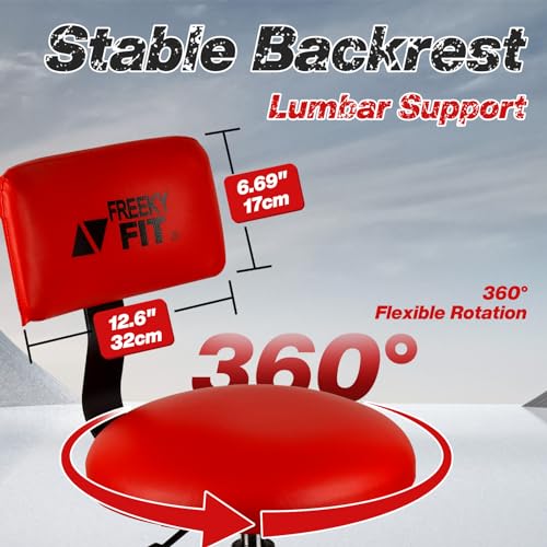 FreekyFit Shop Stool with Backrest, Mechanic Garage Stool for Workshop, Adjustable Shop Stools Chair, Padded Workbench Stools for Men Women, 300 LBS Capacity, 360° Swivel PVC Seat, Heavy Duty, Red