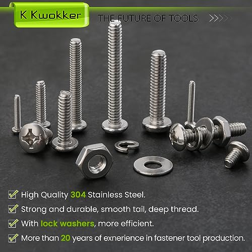 1059Pcs Nuts and Bolts Assortment Kit Phillips Pan Head #2-56#4-40#6-32#8-32#10-24#12-24 Machine Screws, K Kwokker 26 Sizes 304 Stainless Steel Screws Nut and Bolt Assortment with Screw Organizer