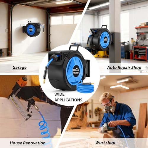 Retractable Air Hose Reel, 3/8" x 100 Ft Hybrid Hose Air Compressor Hose Reel with 6.5 Ft Lead-in Max 300 PSI, Air Hose with Any Length Lock, Automatic Rewind, 180° Swivel Bracket, Quick Coupler