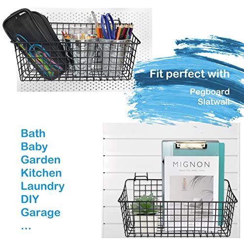 G.CORE 2 Pack Pegboard Baskets, Black Metal Shelves Hooks to 1/8" and 1/4" Hole Peg Boards, Peg Board Baskets Bins Set - Tools Workbench Garage Storage Wall Mount Organizer Attachments (2 Large)