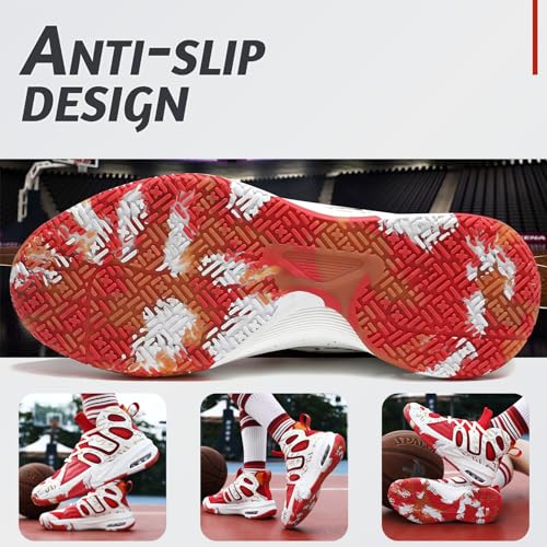 ASHION Mens Basketball Shoes Outdoor Sport Shoes Casual Air Cushioning Sneakers with Arch Support White Red US 9.5