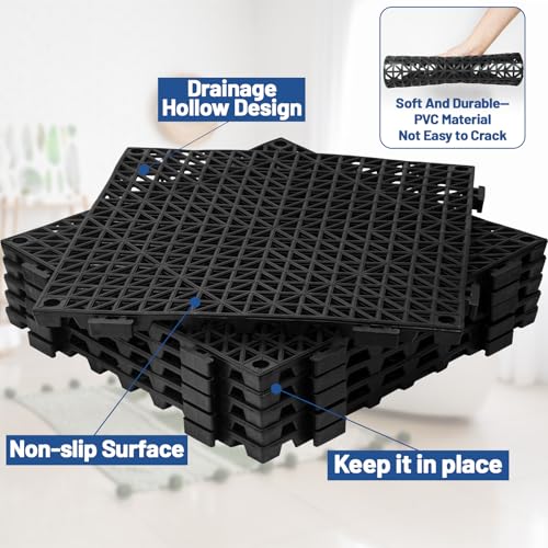 12Pcs Drainage Interlocking Floor Tiles 11.8" x 11.8", Modular Interlocking Cushion Soft PVC Floor Non-Slip Splicing Waterproof Mat for Drain, Pool, Shower, Patio, Balcony, Bathroom, Kitchen, Yard