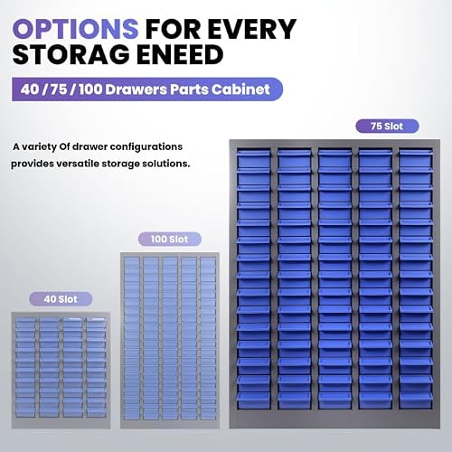 75-Drawer Bolt Bin Cabinet with Label Holders and Dividers, Nuts and Bolts Organizer for Screws, Fasteners and Small Hardware, Parts Storage for Garage, Workshop, Home Office