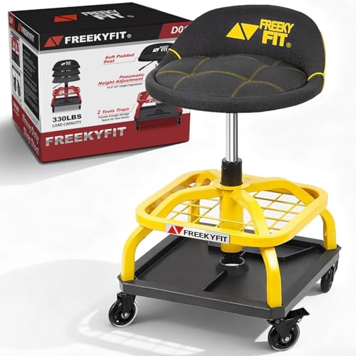 FreekyFit Rolling Shop Stool with Wheels, Garage Work Mechanic Stool with Backrest, Roller Mechanic Chair, Adjustable Height, 360° Swivel, Tool Tray Storage, 330 LBS Capacity, Heavy Duty, Yellow