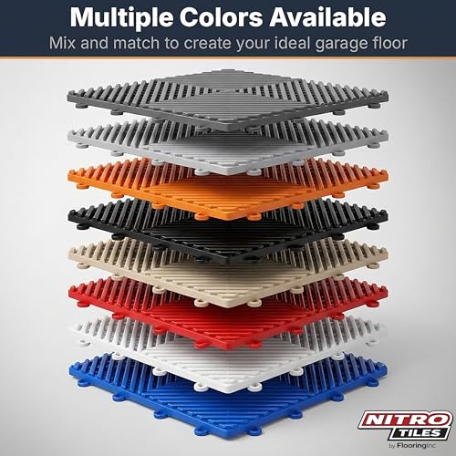Nitro Tiles Vented by FlooringInc 12" x 12" Interlocking Garage Floor Tiles, Self-Draining Heavy Duty Polypropylene Drainage Tiles, Snap-Together Non-Slip Floor Tile, Midnight Black, 52-Pack (52 SqFt)
