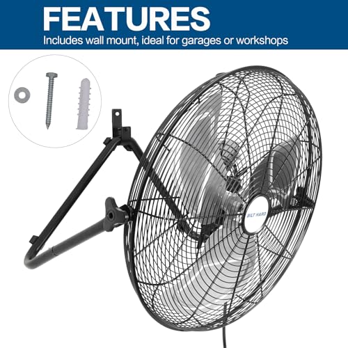 BILT HARD 20 Inch Heavy Duty Floor Fan - 4650 CFM High Velocity, 3-Speed with Wall-Mounting System, Industrial Shop Fan for Commercial, Garage, and Greenhouse