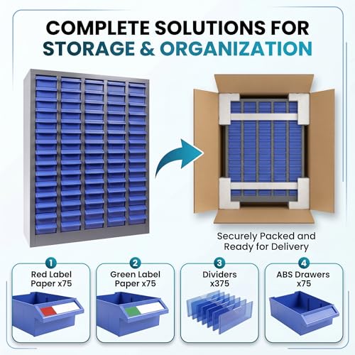 KQZZIV Parts Cabinet with 75 Drawers, 25.8x8.6x35.4 Inches, Small Parts Organizer with ABS Material Drawers, Adjustable Dividers and Labels, Ideal for Workshop and Garage