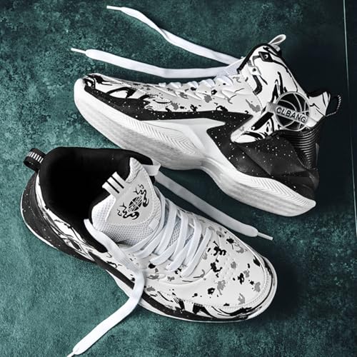 Qiucdzi Men's Basketball Shoes Non-Slip Breathable Outdoor Sneakers Fashion Graffiti Outdoor Sports Training Shoes for Running Walking Black