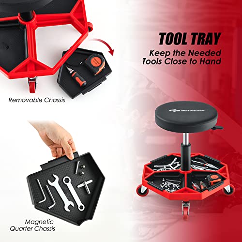 Goplus Rolling Garage Stool, 16”-22” Adjustable Mechanic Stool with Universal Wheels, Removable Magnetic Tool Tray, 2” Thick Padded Cushion, 330LBS Capacity, Roller Creeper Seat, Shop Chair