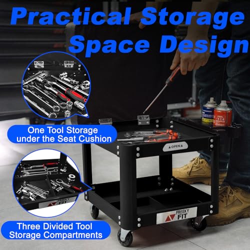 FreekyFit Rolling Creeper Garage Shop Seat for Men, Padded Mechanics Stool with Tool Tray Storage for Garage, Rolling Workshop Stool with Wheels, Auto Creeper Seat, 330 LBS Capacity, Heavy Duty, Black