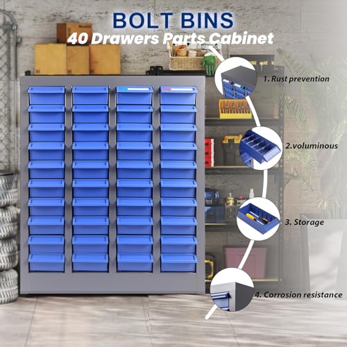 40 Drawers Parts Cabinet with Label Stickers, Bolt and Nut Tool Storage Cabinet with Shelves & Labels, Bolt Bin with ABS Material Drawers, for Small Items in Garages, Workshops