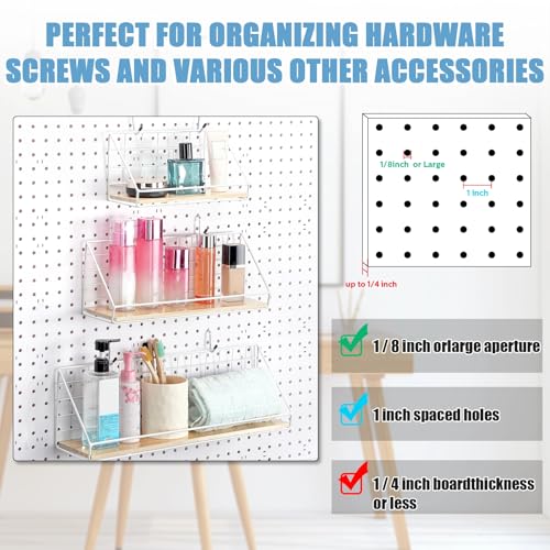 Roowest 3 Sets Metal Pegboard Shelves with Steel Peg Board Brackets and Hooks Wall Organizer Storage Display Tray Accessories for Craft Room Home Office Garage Nursery Workbench Kitchen(White)