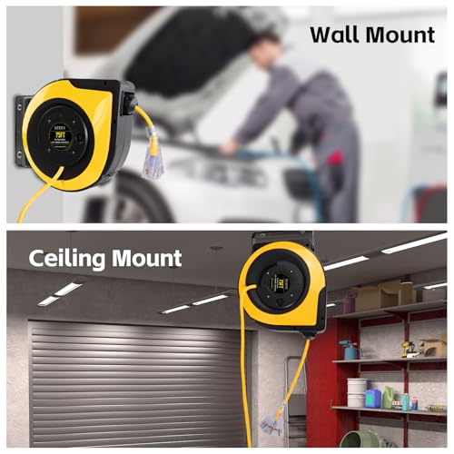 FSTSN Retractable Extension Cord Reel, 75 FT, Heavy Duty 14AWG/3C SJTOW Power Cord, with Lighted Triple Tap Outlet 10 Amp Circuit Breaker, for Ceiling or Wall Mount Garage and Shop, Yellow