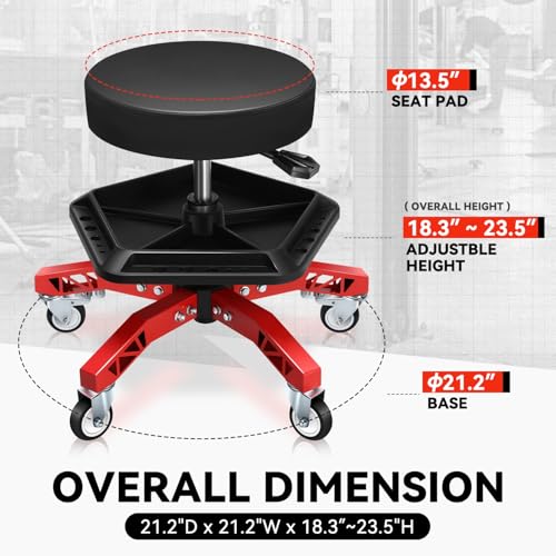 Auto Dynasty Rolling Mechanic Stool, Height Adjustable Heavy Duty Roller Creeper Garage Shop Seat with Padded Seat and Tool Storage Tray for Workshop Auto Repair, 300 LBS Capacity, Red