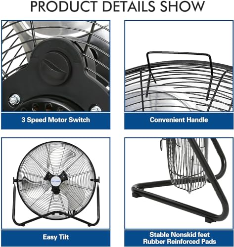 BILT HARD 4650 CFM 20" High Velocity Floor Fan, 3-Speed Heavy Duty Metal Fan with Wall-Mounting System, Industrial Shop Fan for Commercial, Garage, and Greenhouse