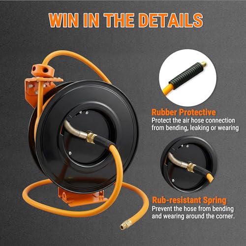 Holdwell S Retractable Air Hose Reel, 3/8" x 50FT Hybrid Air Hose, 300PSI Max, Auto-Rewind & Length-Lock, 1/4" NPT Fitting, Ceiling/Wall Mount Heavy Duty Single Arm Steel Reel for Workshop/Garage