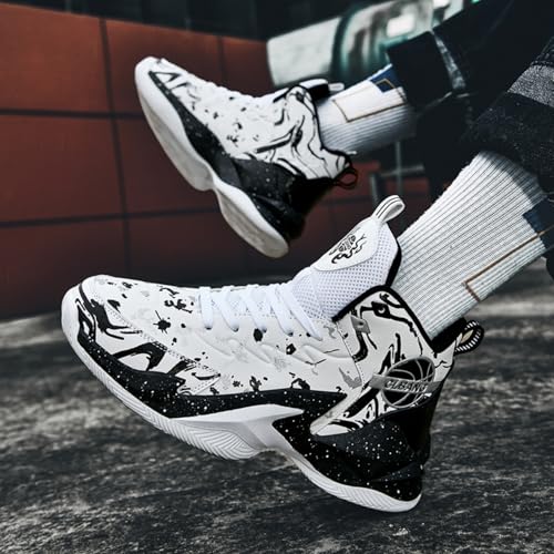 Qiucdzi Men's Basketball Shoes Non-Slip Breathable Outdoor Sneakers Fashion Graffiti Outdoor Sports Training Shoes for Running Walking Black