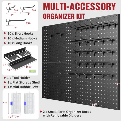 Heavy Duty Metal Pegboard Wall Organizer with 30 Hooks, Shelf and Tool Rack