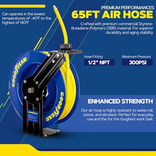 Goodyear Air Hose Reel Retractable 1/2" Inch x 65' Foot