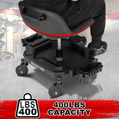 FREEKYROCK Rolling Stool with Wheels, Adjustable Height Pneumatic Garage Work Mechanic Stool Seat with Backrest, 400 LBS Capacity 360° Swivel Mechanic Crepper Chair with Tool Tray Storage, Red