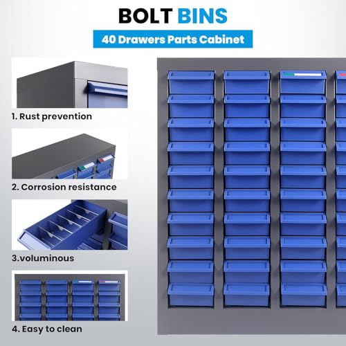 Nut and Bolt Storage Cabinet with ABS Drawer,Steel Small Parts Storage Organizer,25" H X 9" D X21 W Screw Organization for Garage Tool Hardware Fastener Bolts Nuts Storage, Grey (40 ABS Drawers)
