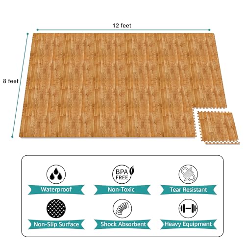 Sorbus 96 Sq. Ft. Wood Grain Floor Tiles Foam Mat EVA Interlocking Mats Tile 3/8-Inch Thick Flooring Wood Puzzle Exercise Mats w/Borders - Home Playroom Basement, Apartment, Trade Show, Baby, Dance