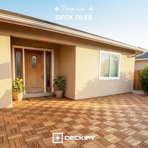 DECKIFY 9-Piece Acacia Wood Interlocking Deck Tiles, Golden Teak Crossed