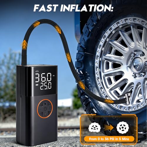 HXHWISE Tire Inflator Portable Air Compressor, 150PSI Dual Power Cordless & 12V Car Plug, Fast Inflation Air Pump with LCD Display & Auto-Stop, for Car Tires, Motorcycle, Bike & Ball