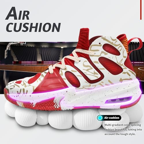 ASHION Mens Basketball Shoes Outdoor Sport Shoes Casual Air Cushioning Sneakers with Arch Support White Red US 9.5