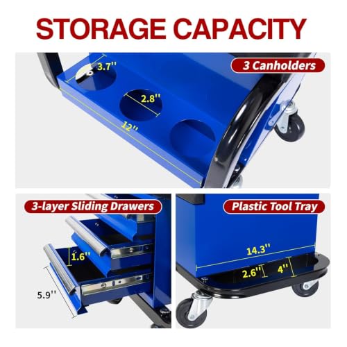 S.Walt Rolling Mechanic Stool with Wheels, Creeper Seat with 3 Built-in Tool Drawers, Side Tool Tray & Rear Bottle Tray for Shop & Work, Garage Use (14" L × 15" W × 15" H)