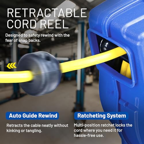 Goodyear Extension Cord Reel Retractable 16AWG x 50' Foot 3C/SJTOW Commercial Cable LED Triple Tap Connector Power 10A 125VAC 938W