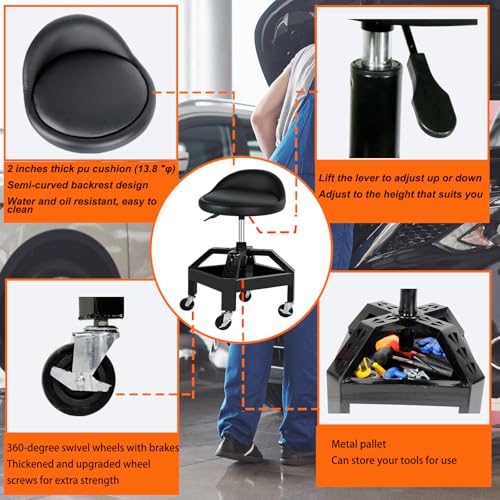 RCIACRHT Garage Shop Rolling Seat, Heavy Duty Adjustable Rolling Mechanic Stool with Lockable 360° Wheels, 350 Lbs Capacity, Work Stool with Tool Tray for Garage & Workshop