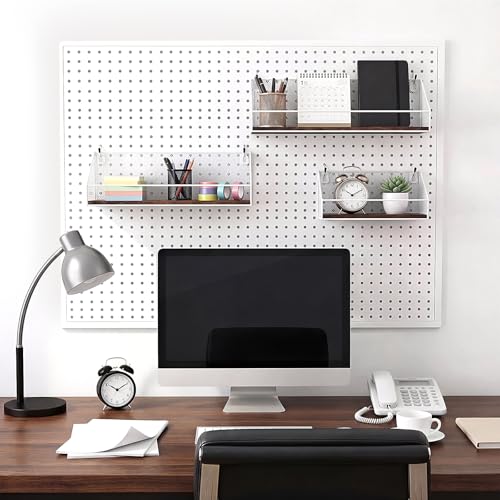 Ferrochef 3 Pack Pegboard Accessories Home Office Pegboard Organizer Baskets and Wood Shelves with Hook Peg Board Grid Wall Basket Fences Tool Storage Display for Kitchen Bathroom Garage(White)