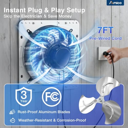 Amico 10" Shutter Exhaust Fan, Remote 9-Speed 13W DC Motor, 1000 CFM