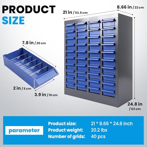 Nut and Bolt Storage Cabinet with ABS Drawer,Steel Small Parts Storage Organizer,25" H X 9" D X21 W Screw Organization for Hardware,Nails,Fastener,Bolts,Nuts,Drill Bits and More (40 ABS Drawers)