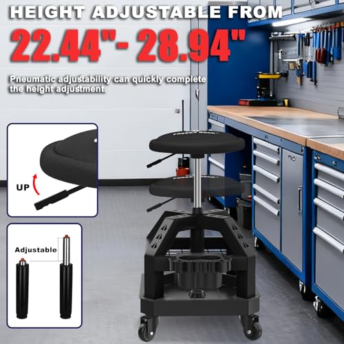 Rolling Shop Stool with Wheels, Heavy Duty Garage Work Mechanic Stool with Backrest, Adjustable Height 22.44"-28.94", 360°Swivel Rolling Chair with Tool Tray Storage, 330 LBS Capacity, Black