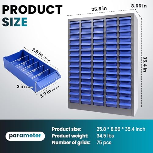 KQZZIV Parts Cabinet with 75 Drawers, 25.8x8.6x35.4 Inches, Small Parts Organizer with ABS Material Drawers, Adjustable Dividers and Labels, Ideal for Workshop and Garage