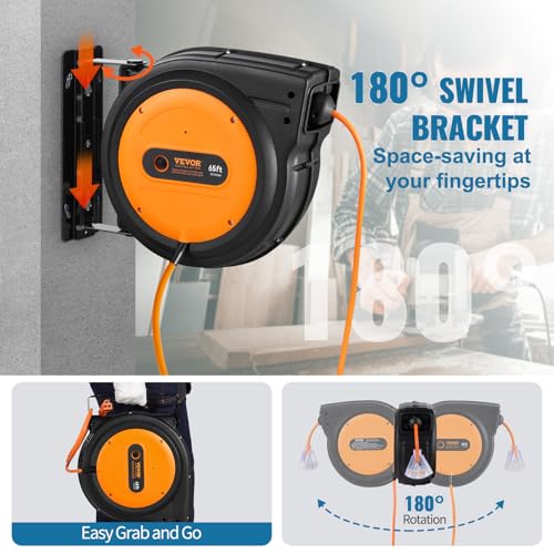 VEVOR Retractable Extension Cord Reel, 65 FT, Heavy Duty 12AWG/3C SJTOW Power Cord, with Lighted Triple Tap Outlet, 15 Amp Circuit Breaker, 180° Swivel Bracket for Ceiling or Wall Mount