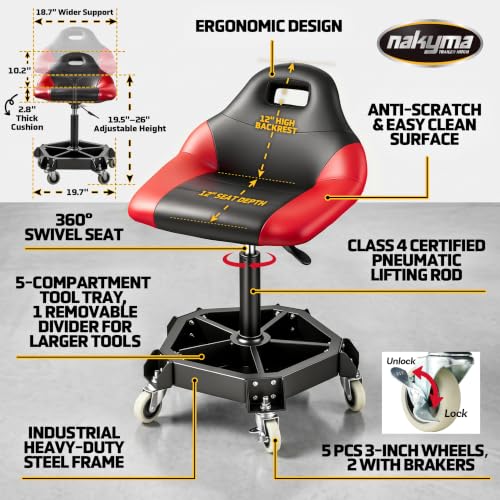 Nakyma Rolling Shop Stool with Wheels, 330 LBS Capacity Garage Stool Mechanic Stool Seat with Backrest and Tool Tray Storage, Pneumatic Work Chair Adjustable Height Mechanic Chair for Workshop, Red