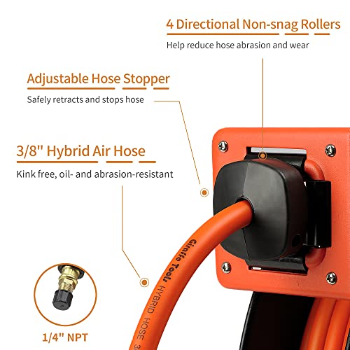 Giraffe Tools TA10 Retractable Air Hose Reel, 3/8" x 25ft, Open Steel