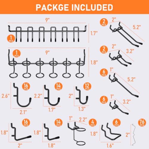 INCLY 176PCS Black Pegboard Hooks with Peg Locks, 1/4" Heavy Duty Metal