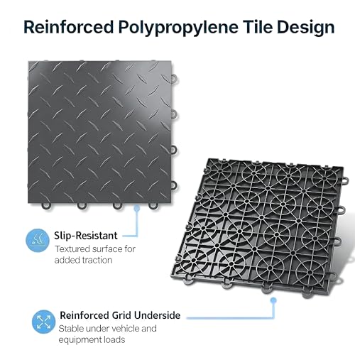 Nitro Tiles by FlooringInc 12" x 12" Interlocking Garage Floor Tiles, Diamond Pattern Heavy Duty Polypropylene Flooring, Modular Snap-Together Non-Slip Floor Tile, Graphite, 52-Pack (52 Sq Ft)