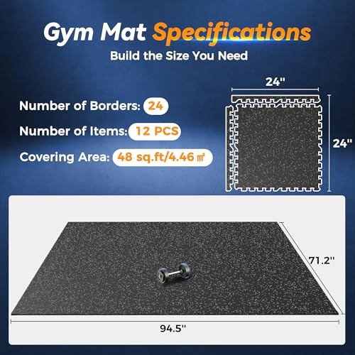 SUPERJARE 1" Extra-Thick Rubber Top Exercise Mat, Puzzle Gym Flooring for Home Gym, Gym Mat for Workout Equipment, Interlocking Floor Tiles with EVA Foam, 12 Pcs 48 Sq Ft, Black/Grey