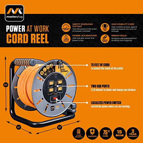 Masterplug 75ft Cord Reel, Retractable Extension Lead with Winding Handle, Safety Overload Circuit Breaker and Power Switch, 4x Grounded Outlets, 2x USB Ports, 15amps, 12AWG Cable