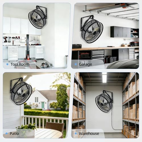 AHAWILL 20" Wall Mounted Fan with Lights, 360° Adjustable Tilt,Garage Wall Mount Fan with Remote&APP, Plug in Wall Fan,6-Speed&Reversible Gazebo Fan,3CCT Dimmable&Timer for Toolroom,Patio,Warehouse